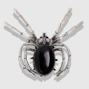 Spider Brooch Black Onyx Stone Pin Silver Halloween Goth Stylish Glam Bug Web